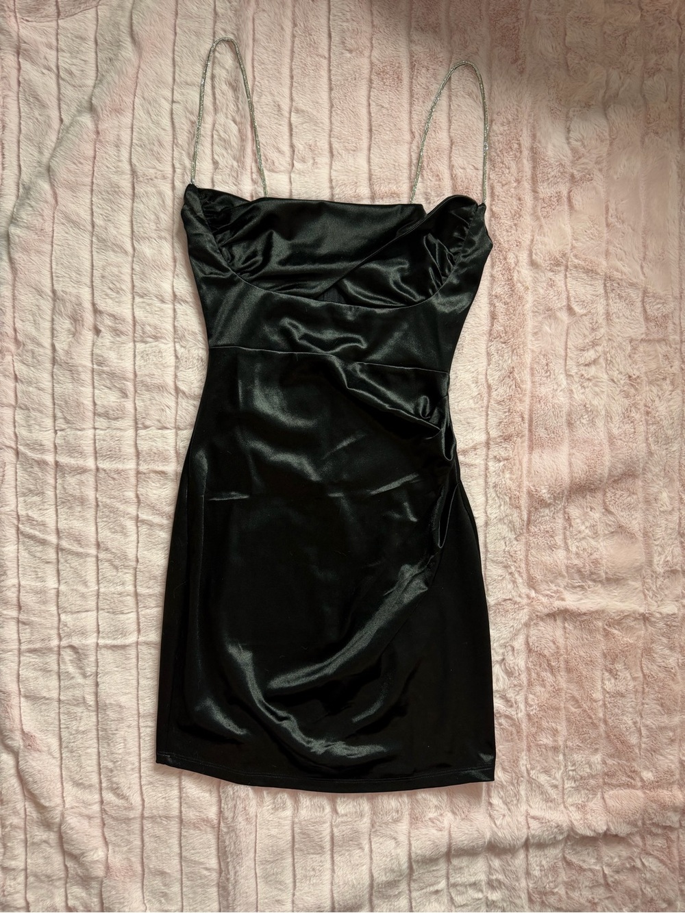 Windsor Black Satin Mini Slip Dress with Rhinestone Straps